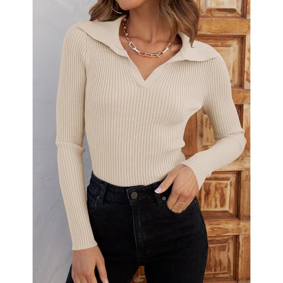 Women's Ribbed Knit Pullover Sweater V-Neck Fall Casual Slim Fit - Picture 2 of 8